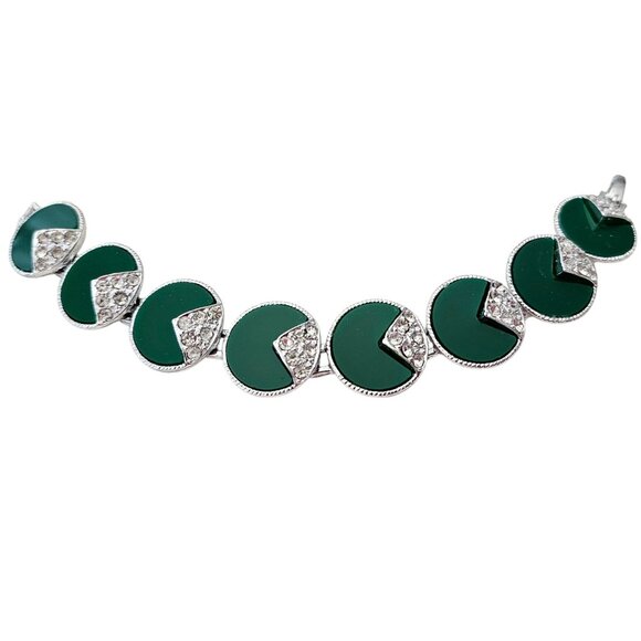 Silver Tone Clear Rhinestones Green Inlay Vintage 1940s-1950s Link Bracelet - Picture 2 of 7